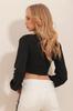 Women's Blouse New Season Fashion Black V-Neck Front and Waist Gathered Sandy Crop Blouse