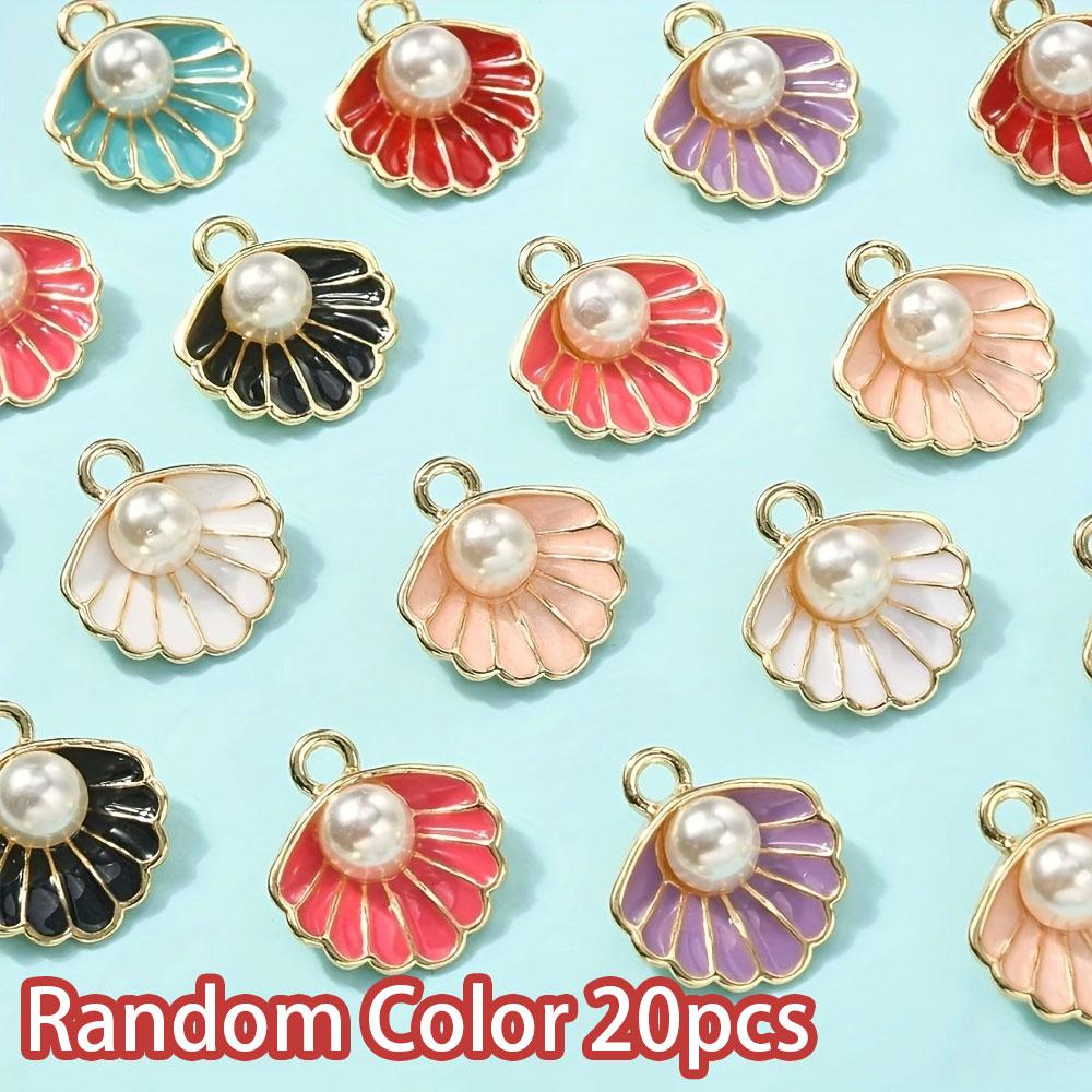 10/20/30pcs Alloy Material 8-color Clam Shell Pendant with Plastic Decorative Beads, Used for Necklace and Jewelry Making