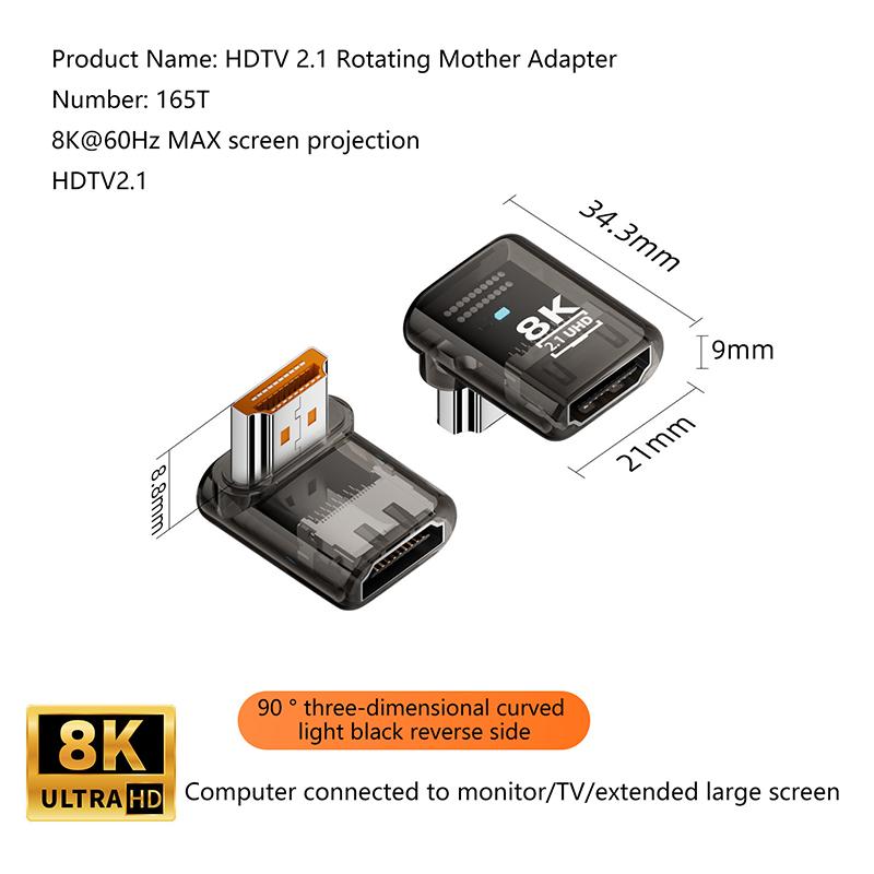 HOT! 2.1 Male To Female Adapter 8K@60Hz Male To Female Connector Up Down Angle 90 270 360 Degree For HDMI Cable PC Laptop HDTV