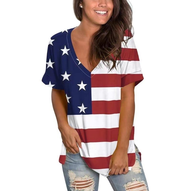 Summer V-neck 3D American Flag Printed Top Fashionable Casual Short Sleeved Women's T-shirts