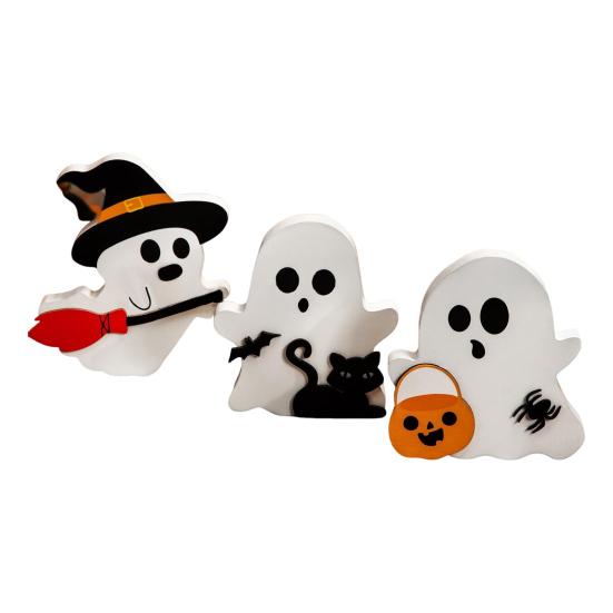 Cute Wooden Ghost Signs Halloween Indoor Tiered Tray Decor Ghost Theme Tabletop Centerpiece for Party Home Kitchen Shelf Decor