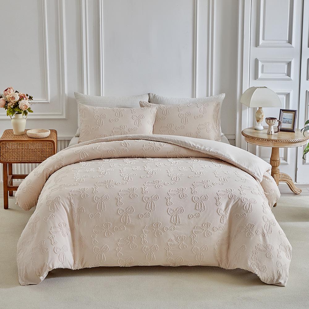 White Simple Bow Duvet Cover Set Queen Size Soft Comfortable Durable Bedding With Pillowcases