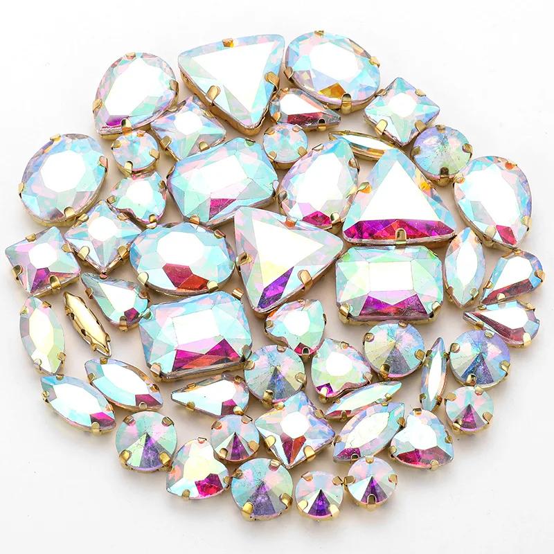 50pcs/Bag Glitter Mixed Shape Sew On Glass Rhinestone Gold Claw Crystal Buckle Diy Wedding Decoration Accessories