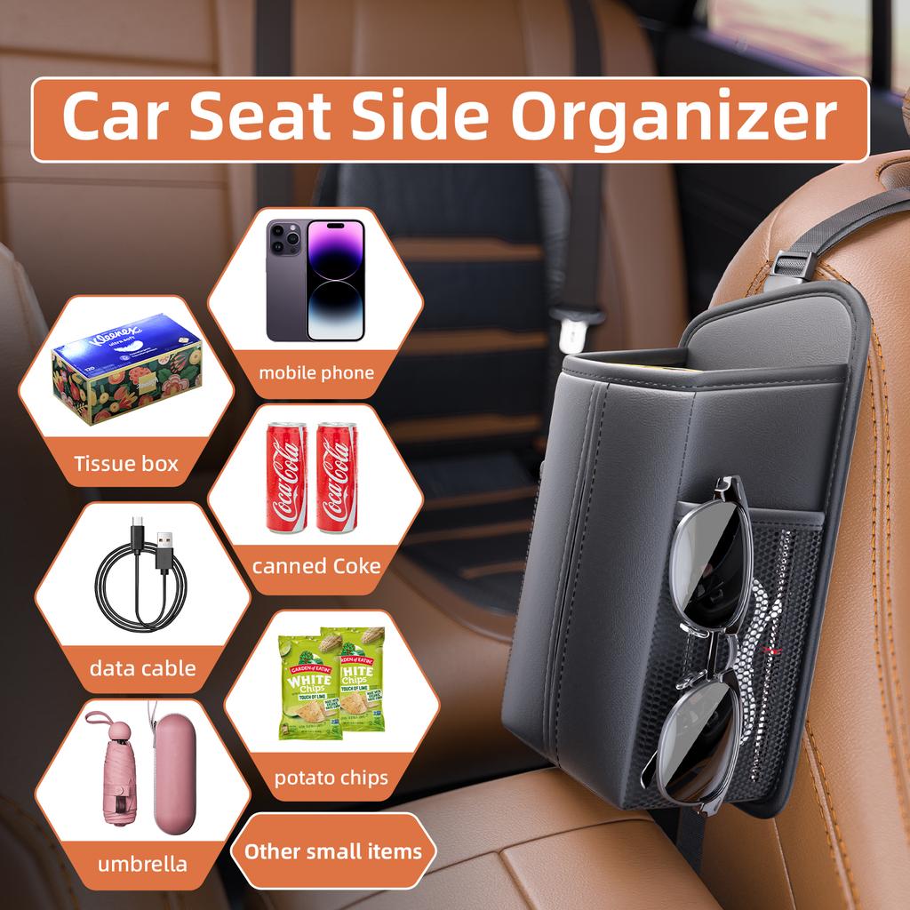 Leather Car Seat Side Storage Bag Hanging Auto Seat Organizer Tissue Bag Water Cup Holder Mesh Storage Pocket Car Storage Box