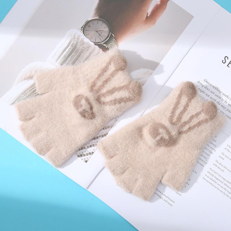 Мультяшные перчатки без пальцев, перчатки с зайчиками, полупальцевые перчатки, женские утолщенные зимние теплые перчатки, полупальцевые перчатки для студентов