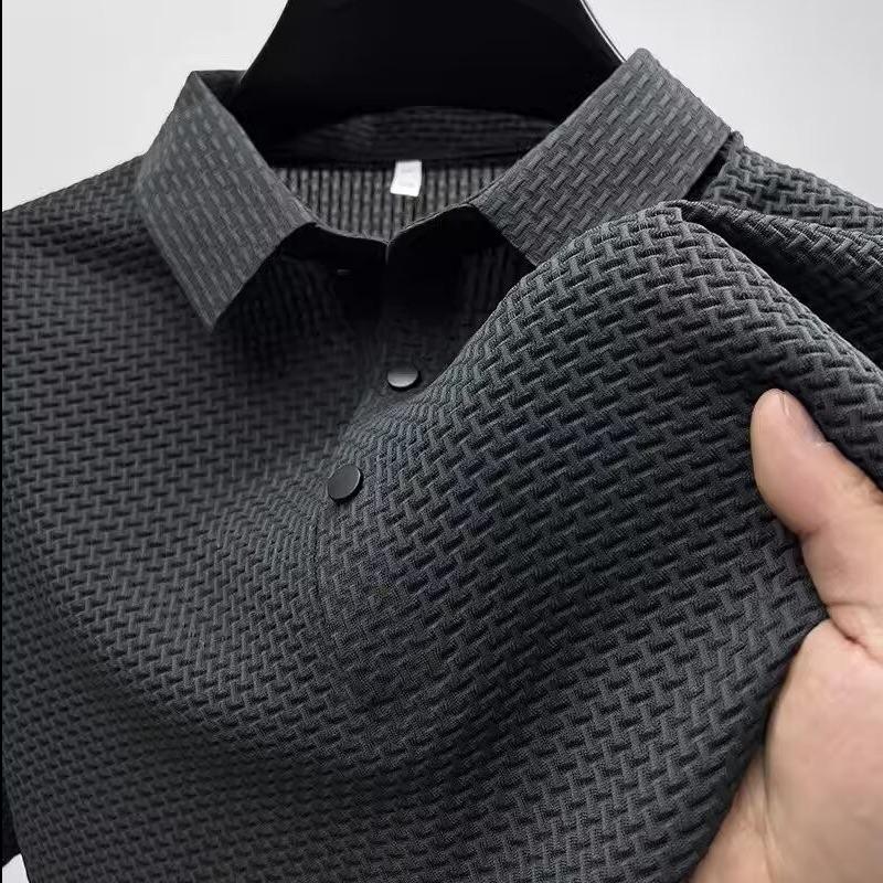Мужское европейское и американское поло с коротким рукавом из ледяного шелка - Бесшовное, Высокая эластичность, Круглый вырез, Деловой кэжуал