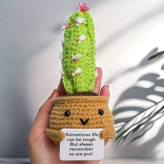 Crocheted Doll Cactus Succulent Doll with Cheer-up Card Tabletop Ornament Positive Crochet Figurine