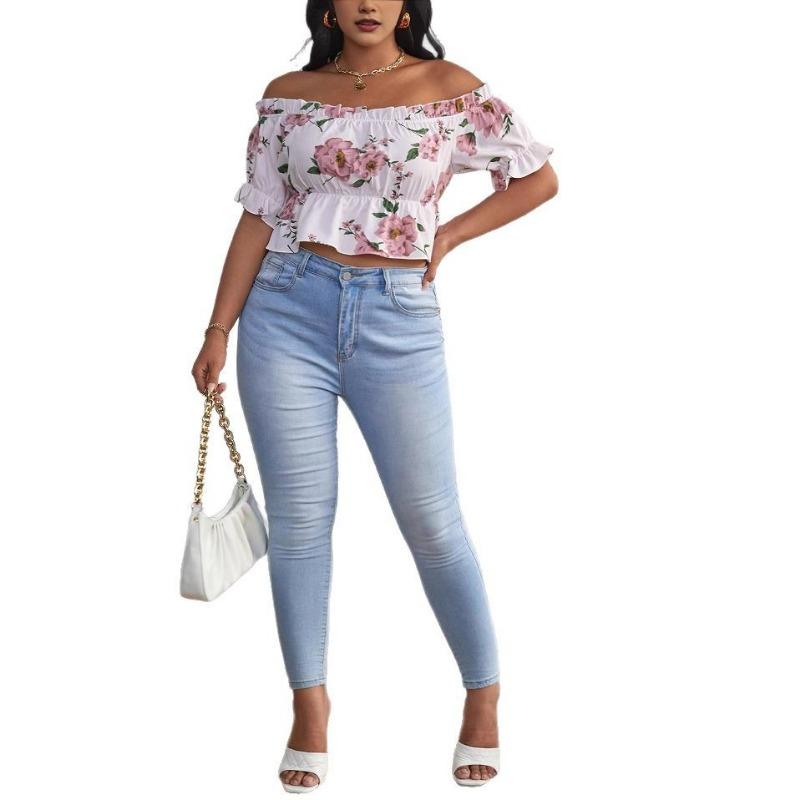 Плюс Размер Женский Сексуальный Воротник Одной Линии Темперамент Цветочный Короткий Рукав Короткий Топ