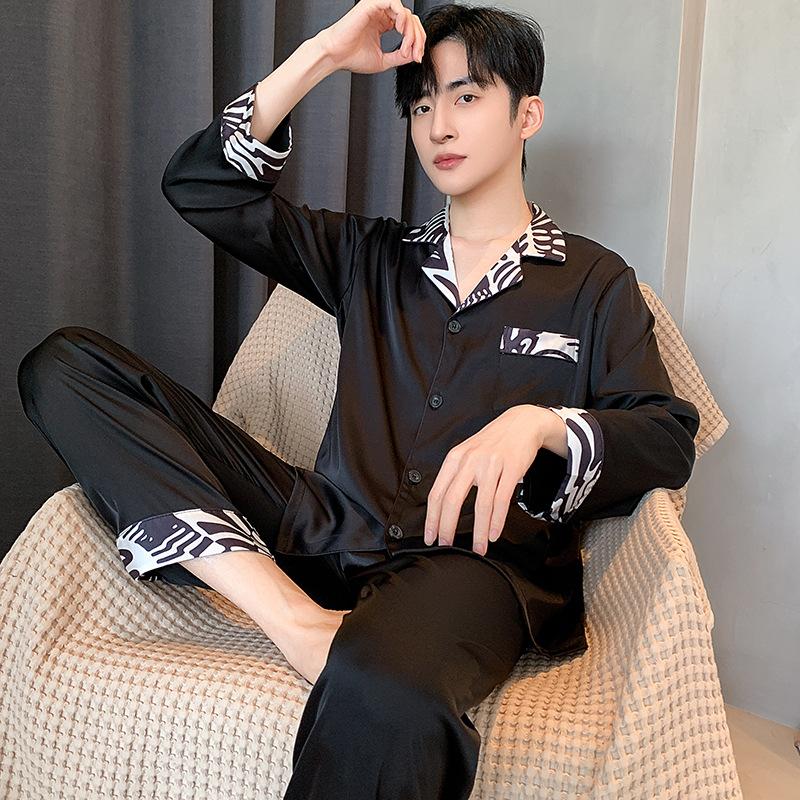 Мужской пижамный костюм весна-осень ледяной шелковый кардиган с длинными рукавами атласная пижама для мужчин домашняя одежда лето