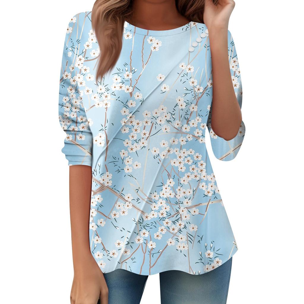 Women's Loose Casual Long Sleeve Top Round Neck Button Pull Stripe Prints T Shirt