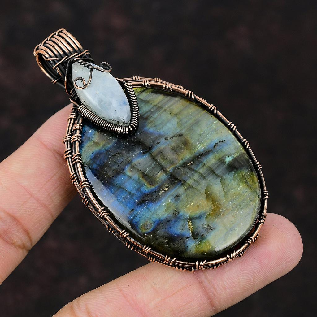 Labradorite Pendant Copper Wire Wrapped Gemstone Pendant Rainbow Moonstone Jewelry Handmade Pendant Gift For Mother Unique Copper Jewelry