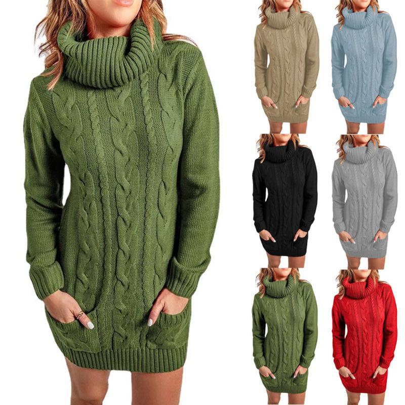 Women's Autumn and Winter Long Sleeve Turtleneck Knitted Sweater Dress