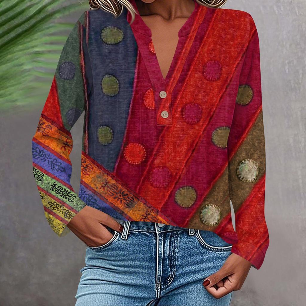 Женская модная и повседневная рубашка с длинным рукавом, V-образным вырезом, на пуговицах, с принтом, блузка, топ