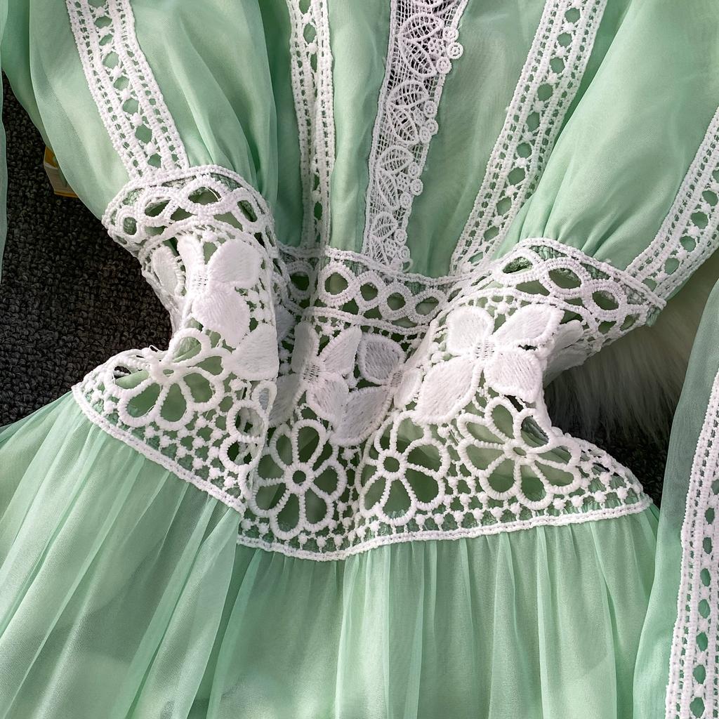 Роскошные Дизайнерские Осенние Вечерние Платья для Выпускного с Ажурной Вышивкой для Женщин, Кружевной Пэчворк, V-образный Вырез, Длинный Рукав-фонарик, Макси-платье