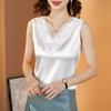 Sleeveless Satin Tops Women Silk Blouses And Shirts Sexy Loose Fashion Office Lady Solid Lace Embroidery V-neck Clothing 24641