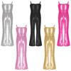 Girls 70s Disco Costume Spaghetti Straps Sequins Zipper Jumpsuit Bell Bottom Cami Unitard Halloween Rave Party Dance Outfit
