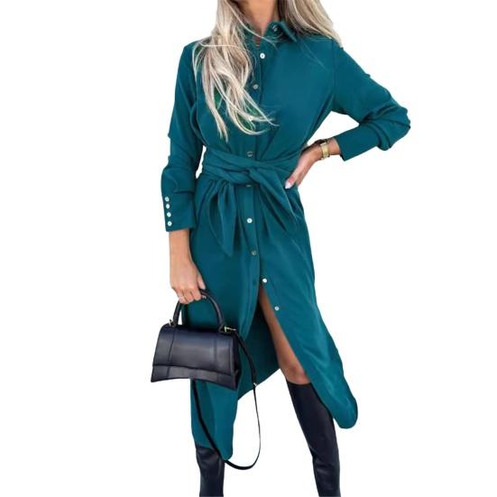 Женское хлопковое платье-макси футболка на пуговицах, повседневное платье с длинным рукавом и лацканами, длинное платье с шнуровкой на талии, женские халаты