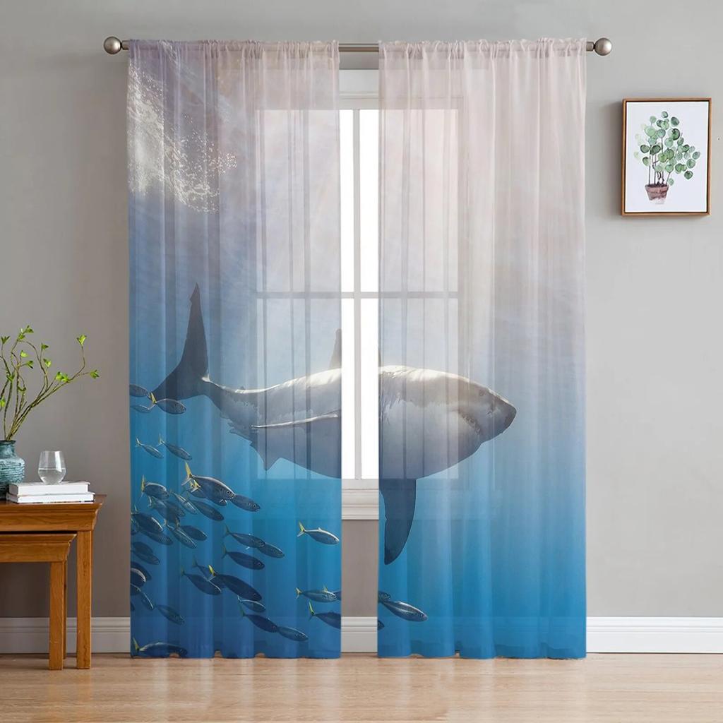 Shark Silhouette Curtain Window Tulle For Living Room Bedroom The Kitchen Window Treatment Decorations Curtains