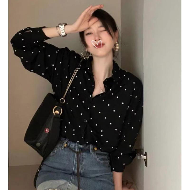 Женская блузка с принтом в горошек, длинный рукав, свободный отложной воротник, женские рубашки