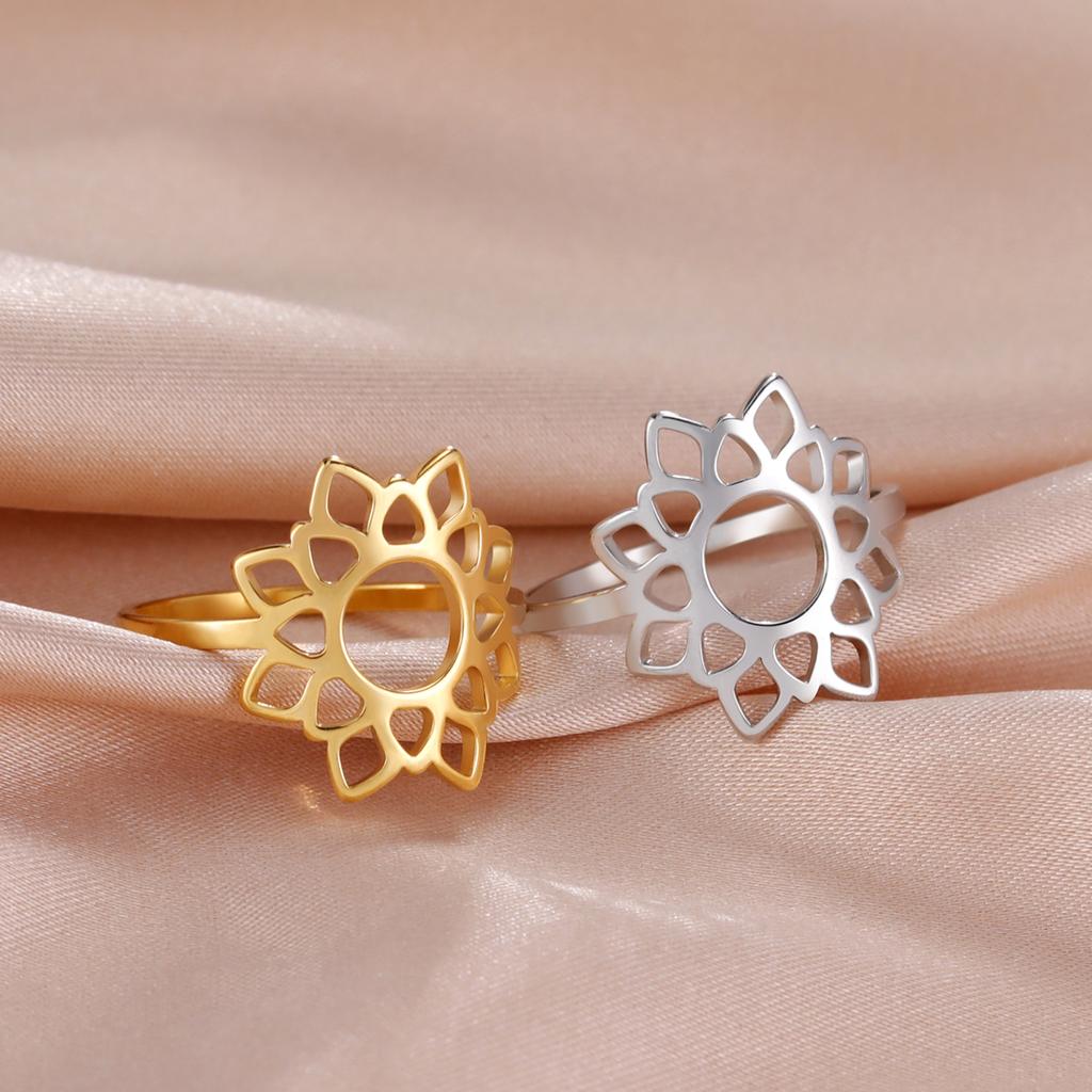 Large Filigree Lotus Flower Ring Women Stainless Steel Gold Aesthetic Bohemian Ring Wedding Engagement Jewelry Gift