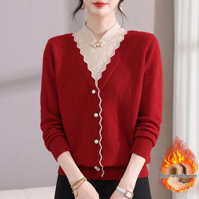 Mom's Winter Velvet Qipao Collar Sweater: Two-Piece Top for Middle-Aged and Elderly Women