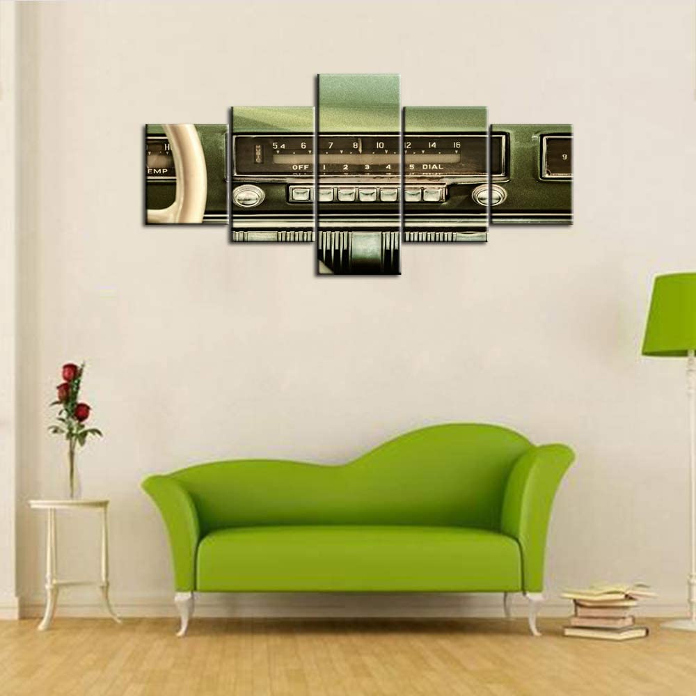 5Pcs Retro Styled Image of an Old Car Radio Inside a Green Classic Car The Music Gift 5 Pieces Pictures Paintings Art No Framed