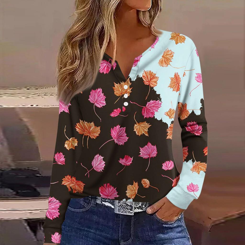 Жен. Футболка Футболка на пуговицах с длинным рукавом Повседневные Выходные Мода Классический Топ с v-образным вырезом Обычный