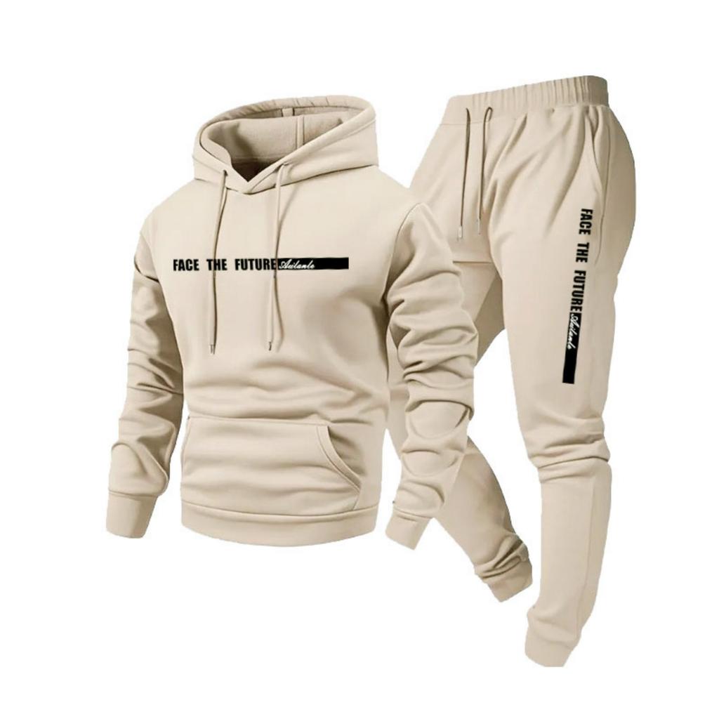 Men's Casual Solid Color Letter-printed Sweatshirt Set, Men's Fleece Hooded Drawstring Sweatshirt And Sweatpants Two-piece Set