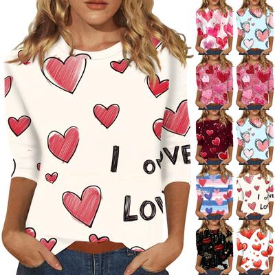 Женская модная повседневная футболка с круглым вырезом и принтом в виде сердца ко Дню святого Валентина, рукав три четверти