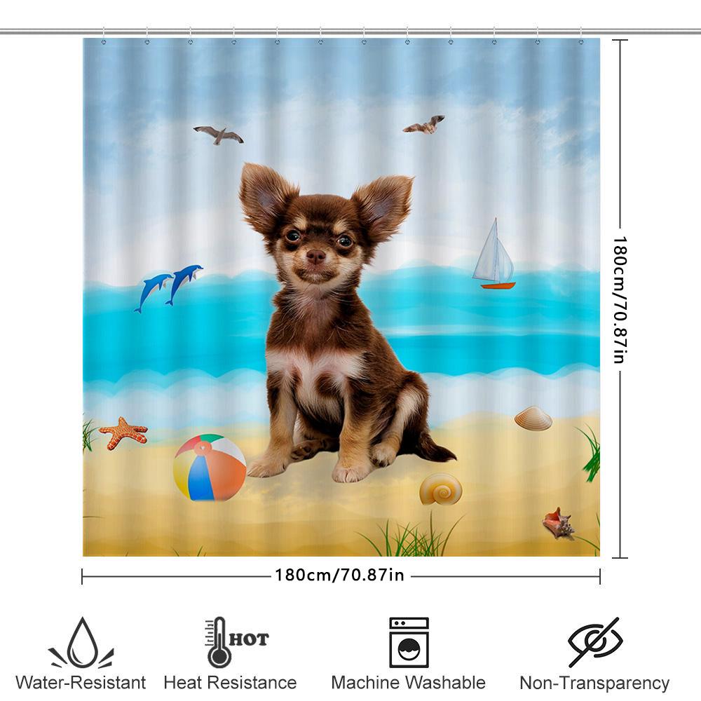 Beach-Themed Shower Curtain: Adorable Chihuahua Print In Multicolor Perfect For Bathroom Decor Easy Installation Quick Dry Fabri
