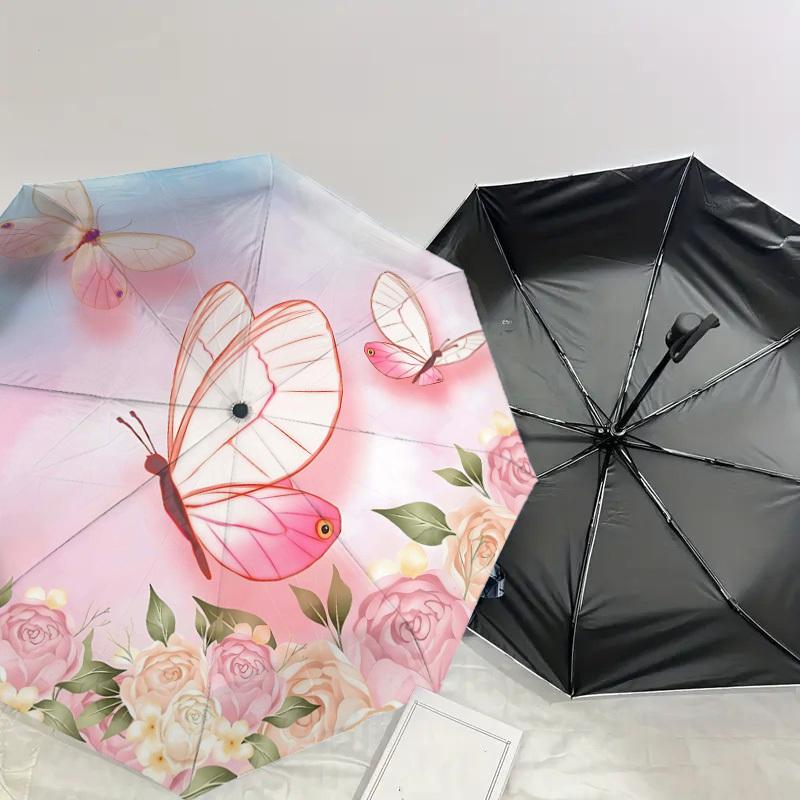 1PC Butterfly Flowers Umbrella-8-Rib Reinforced Portable Folding Travel Suitable for All Seasons Outdoor Daily Use-Z0457