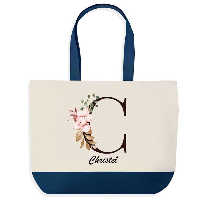 Tote bag - PLANETEE - Christel - Lettre Fleur - Bleu - Coton 40x45 cm
