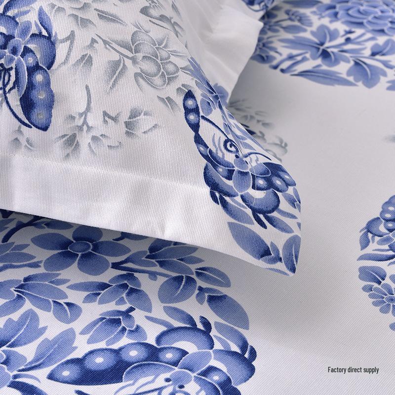 Blue and White Porcelain Canvas Bed Sheet - Single, Four Seasons