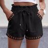 Women Summer Shorts Drawstring Elastic Waist Shirring Edge Hollow Out Side Pockets Solid Color Loose Above Knee Length Casual Sport Daily Mini Shorts