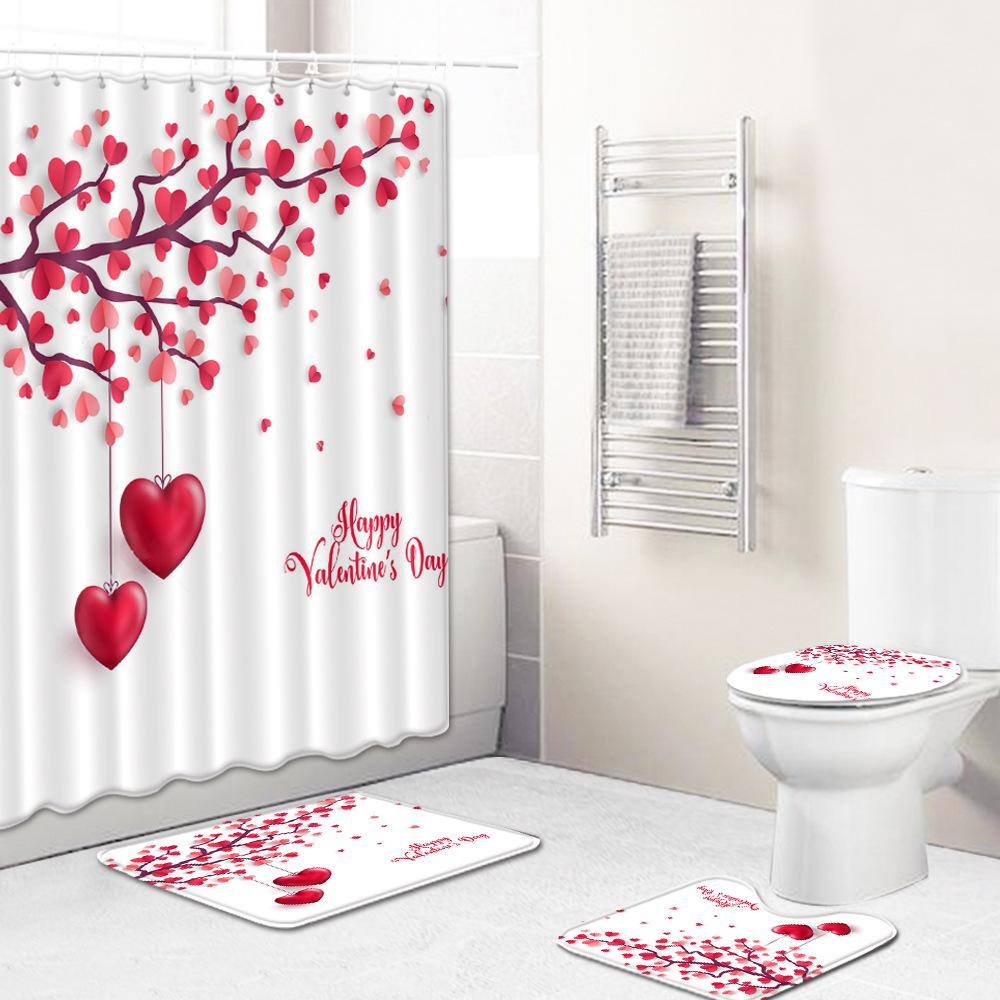 Valentine'S Day Toilet Shower Curtain Four-Piece Printed Floor Mat Set Bathroom Floor Mat Bedroom Absorbent Door Mat Carpet