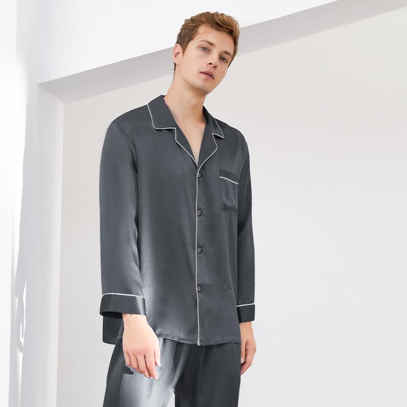 Мужской шелковый пижамный комплект: Топ с длинным рукавом и брюки с вышивкой бабочек, 100% шелк тутового дерева