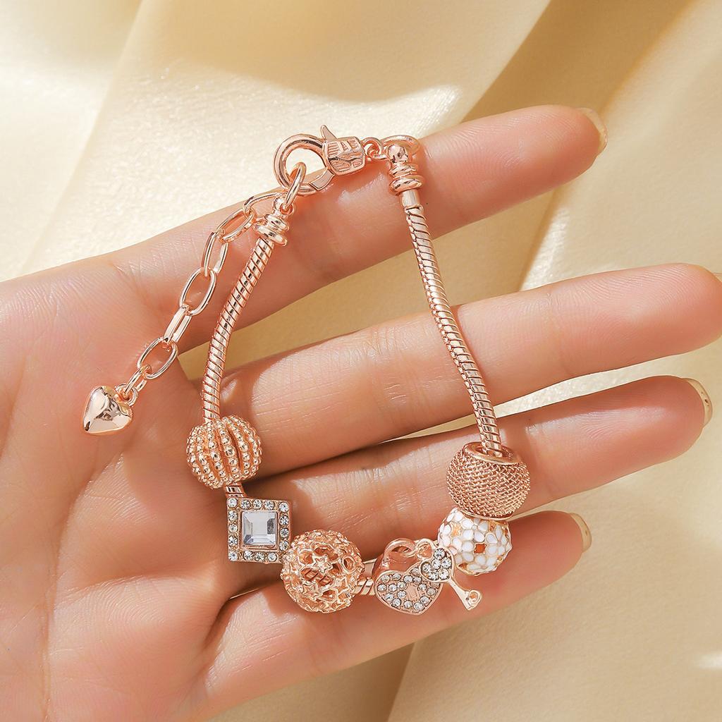 Женский универсальный браслет из нержавеющей стали с кристаллами, бусинами в виде замка любви и ключа