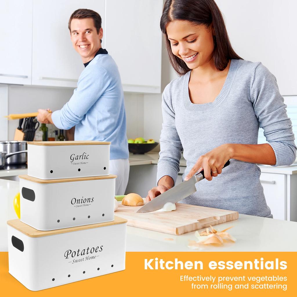 3Pcs Set Onion Garlic Potato Storage Box Carbon Steel Multipurpose Vegetable Keeper Containers with Vent Hole for Vegeatables