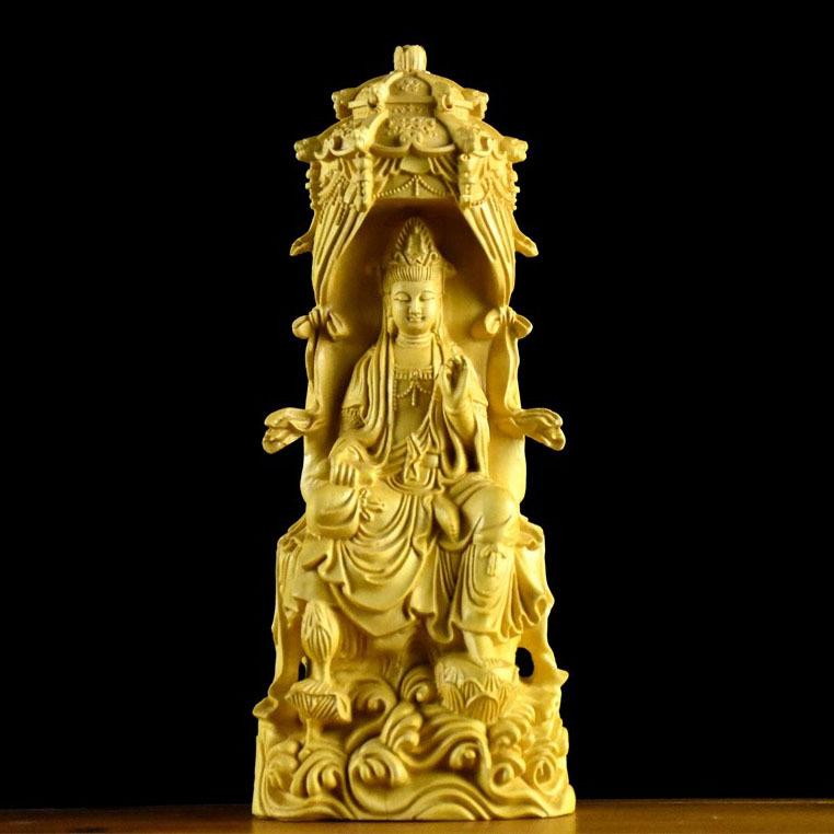 Boxwood Carving Water Wave Pagoda Guanyin Bodhisattva Ornament Avalokitesvara Statues Are Enshrined At Home Figure of the Buddha