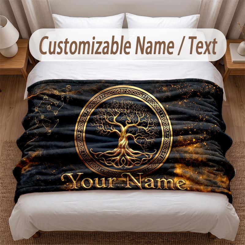 Tree of Life Theme Soft Blanket Personalized Custom Name Text Print Warm Blanket Home Sofa Bedroom Decor
