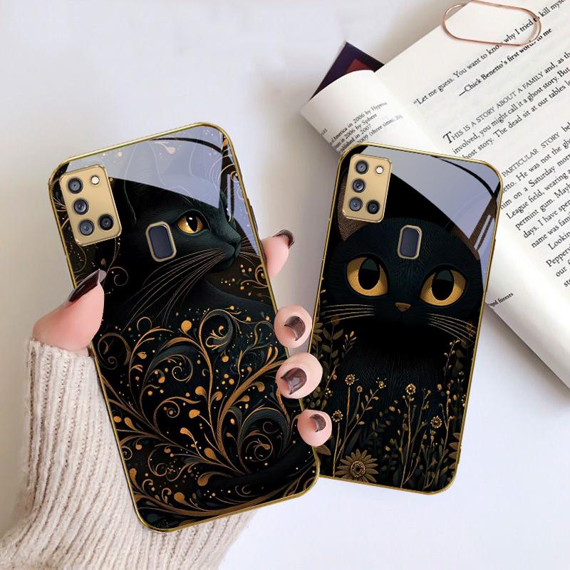 Фантастический черный кот Для Samsung A 31 32 A33 A34 35 14 A15 13 A16 25 26 50 52 53 54 55 56 70 71 72 73 Золотой стеклянный чехол для телефона