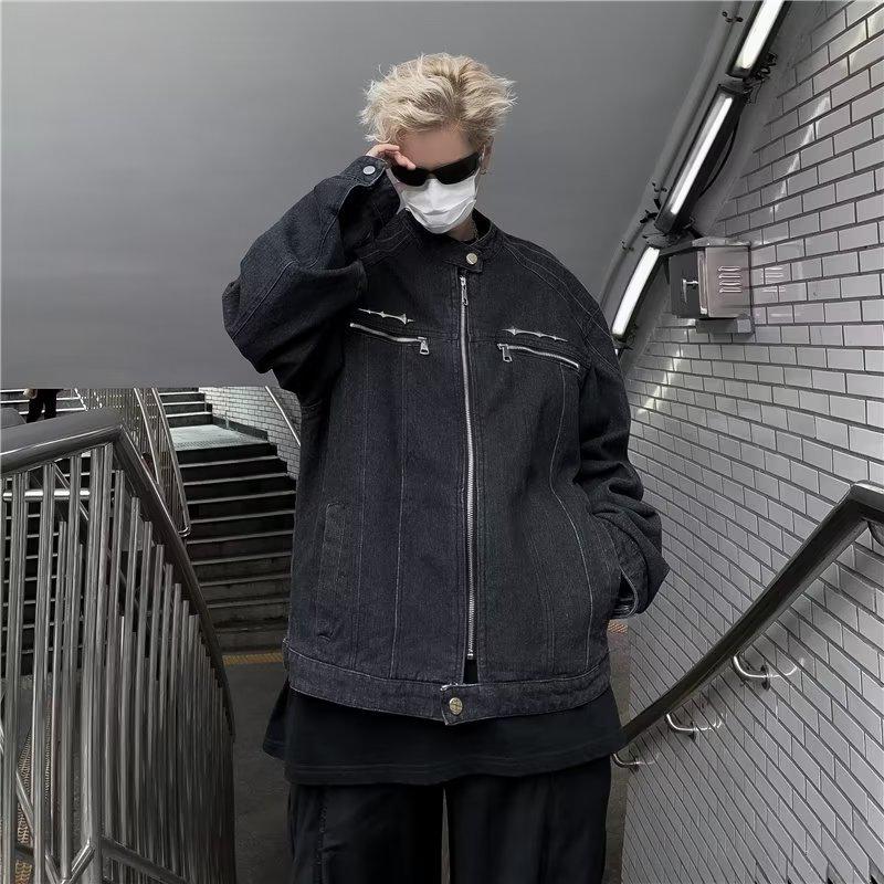 Мужская модная винтажная джинсовая куртка 2023: Дизайн «улица», короткий, воротник-стойка, молния и подплечники для осени
