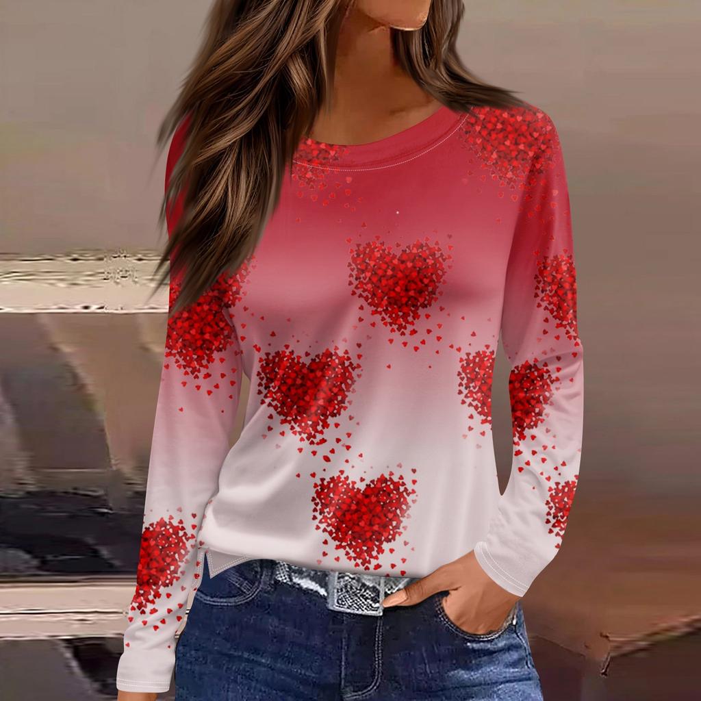 Women's Fashion Valentine's Day Printed Round Neck Casual Long Sleeve Top