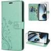Case for Samsung Galaxy A36 5G - BOOLING - Green Synthetic Leather Floral Butterfly Pattern - 2 Tempered Glasses
