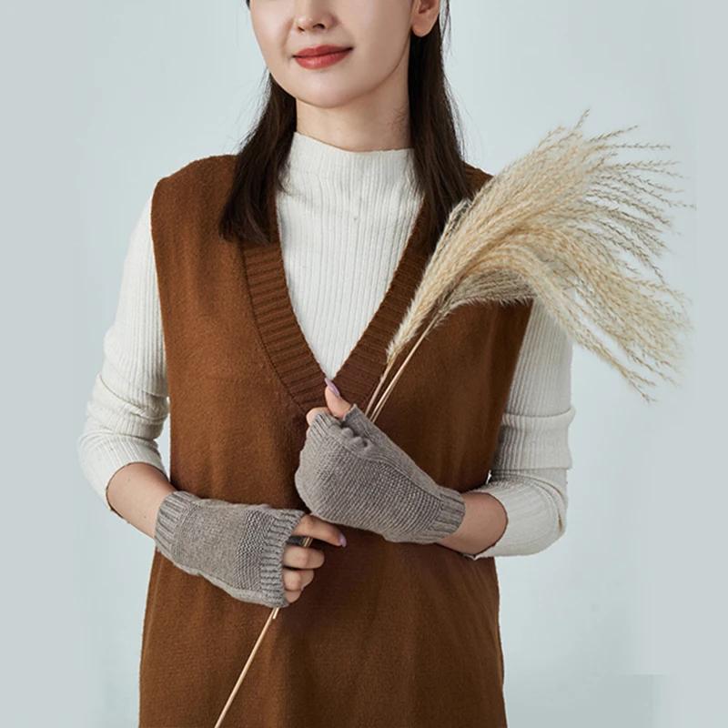 Женские зимние шерстяные вязаные митенки из кашемира, короткие, с половиной пальца, согревающие запястья, эластичные, для защиты рук, варежки для девочек