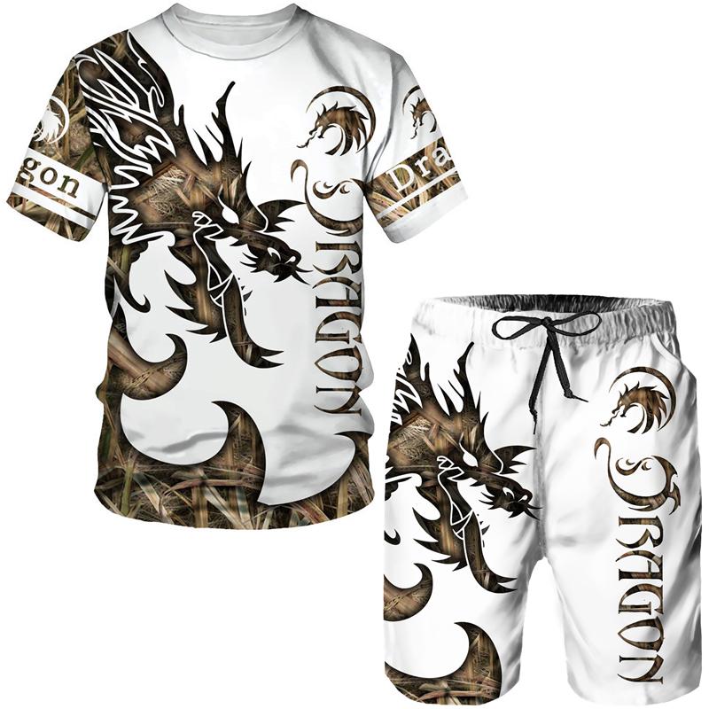 Мужские комплекты футболок с 3D принтом дракона, летние повседневные футболки с круглым вырезом, шорты, комплект из двух предметов, трендовая мужская одежда, пуловер