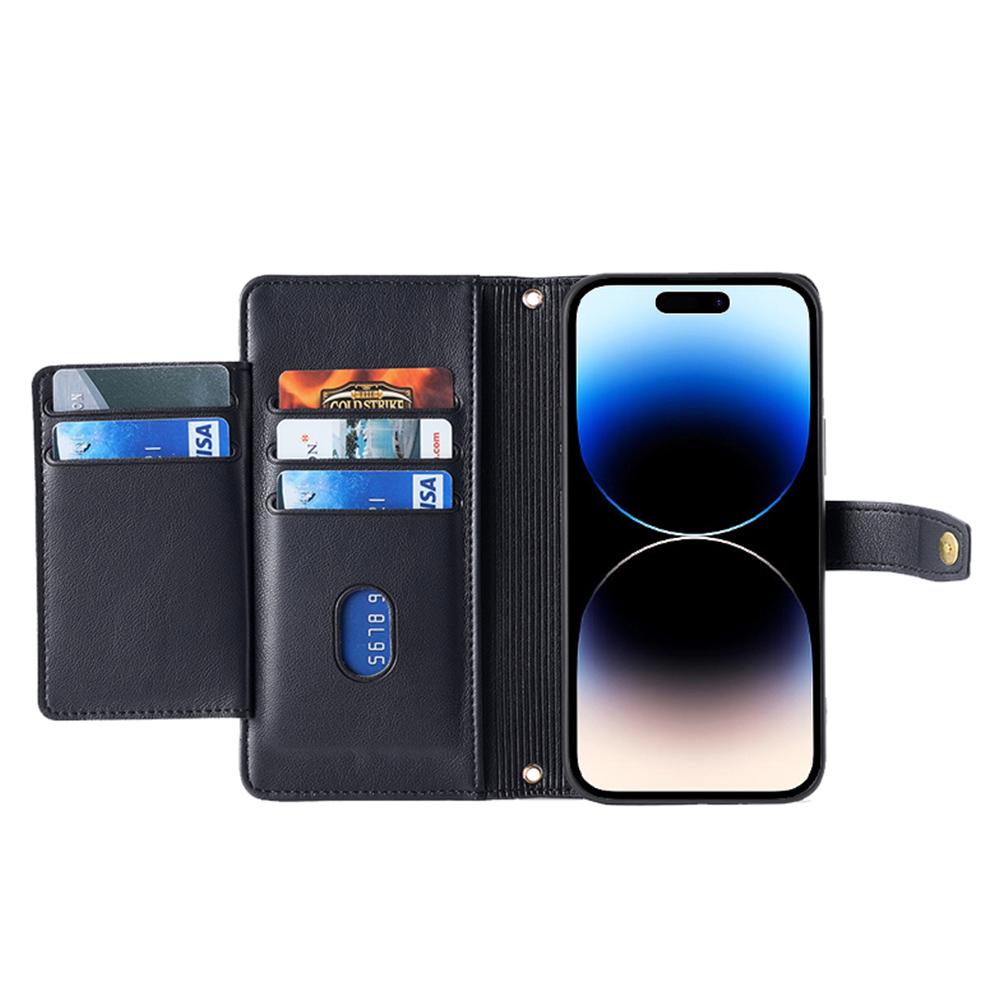 Чехол-подставка из ПУ-кожи для iPhone 14 Pro Max с карманом на молнии и ремешком на запястье и плечо