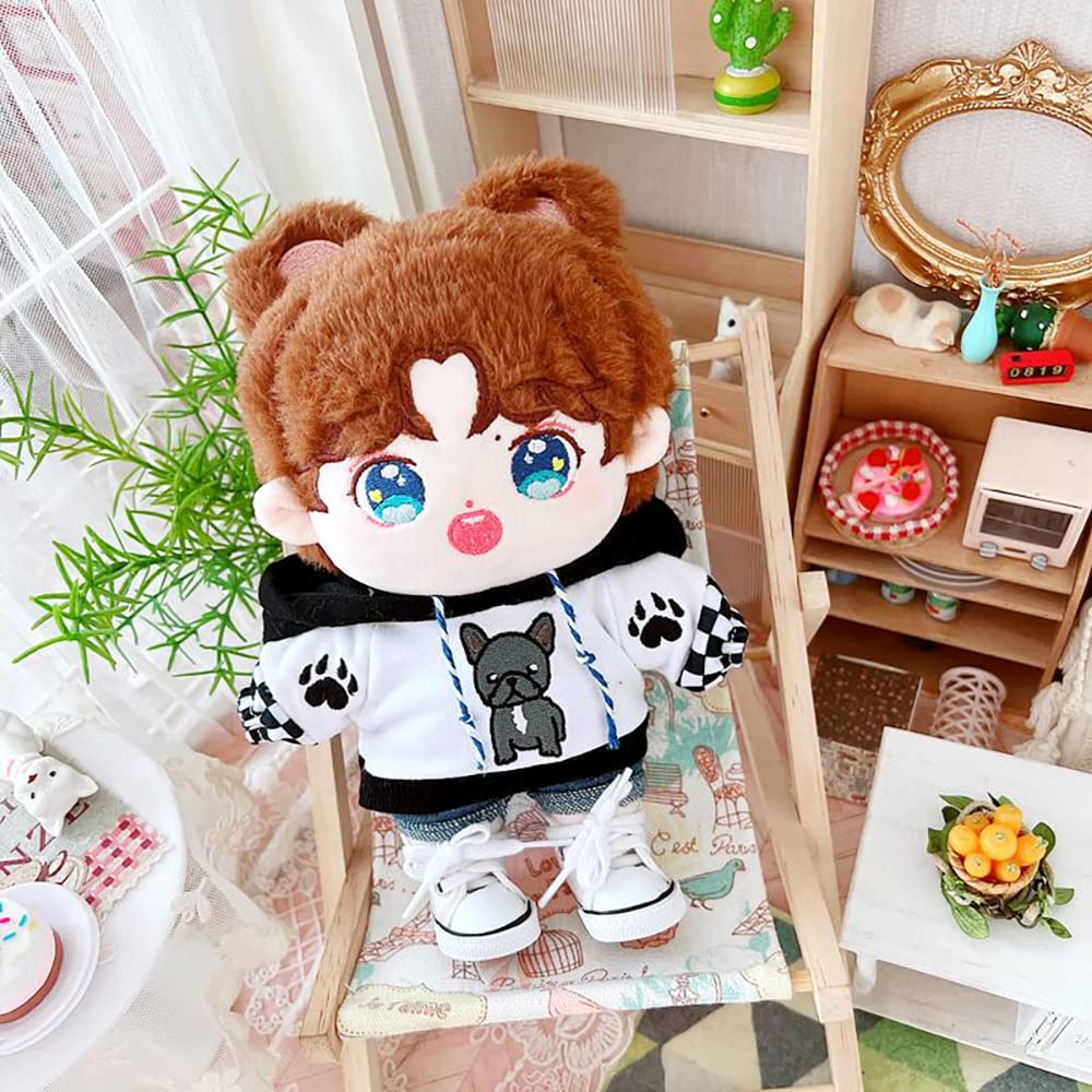 Niannyyhouse Loose Plush Toy Clothes, 20cm Bulldog, Hoodie, Jeans, Accessories, Interchangeable Cotton Doll Clothes (White+Blue)