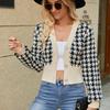 Women's Short Knitted Cardigan Autumn Winter Houndstooth Jacquard Loose V-neck Lantern Sleeve Knitted Sweater Coats for Women