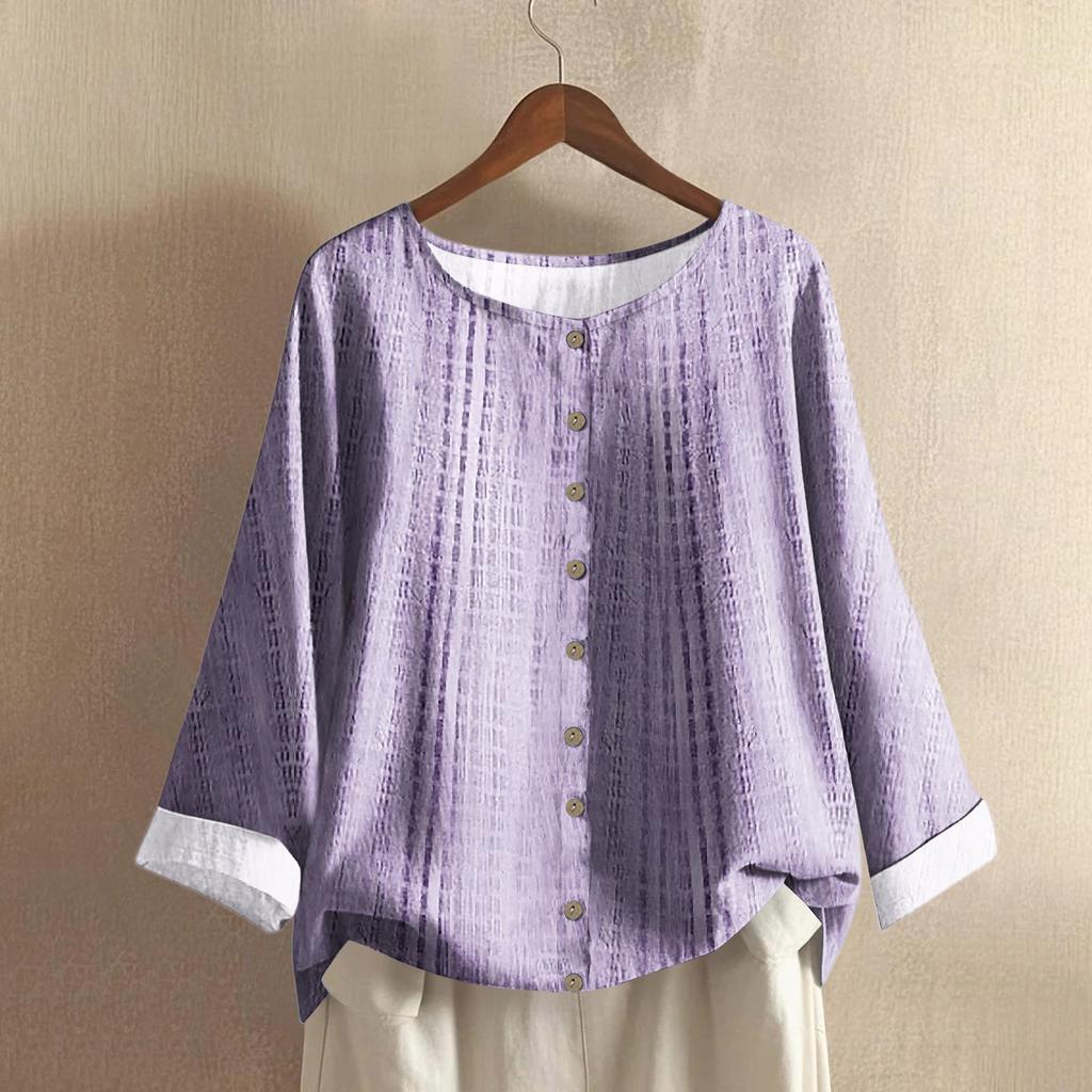 Женская модная и повседневная рубашка с длинным рукавом, круглым вырезом и принтом, блузка-топ из хлопка и льна